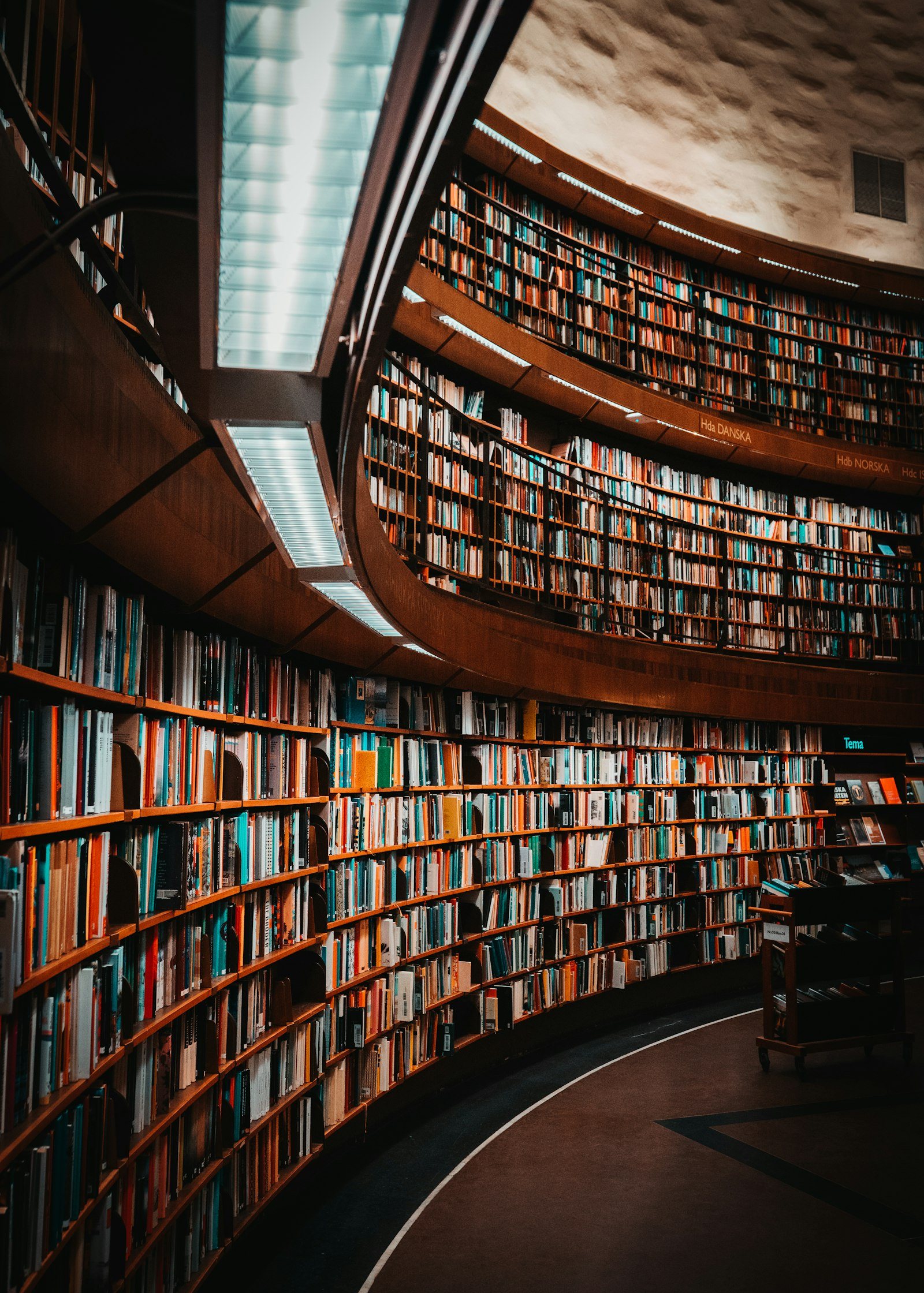 A grand heritage library of curved timber shelves
